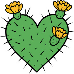 Prickly pear cactus shaped into a heart with blooming flowers and thorns
