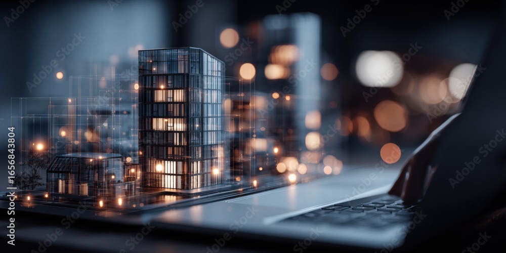 Poster architectural design visualization: person using laptop with a model building displayed on screen fo