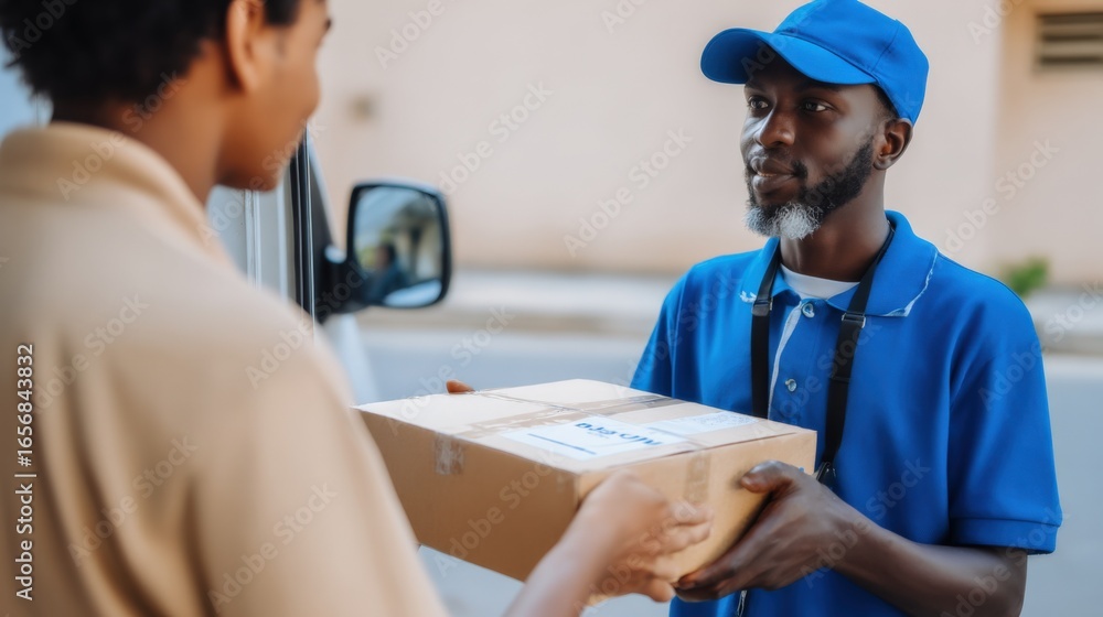 Poster delivery man handing package to customer, representing fast and reliable shipping services for e-com