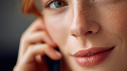 Close-up portrait of woman with freckles talking on mobile phone smiling, modern communication, connectivity