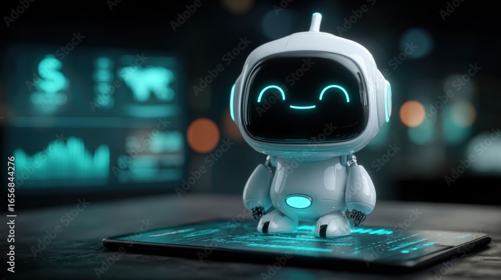 Poster friendly ai robot assistant displays financial data and analytics on a digital screen interface