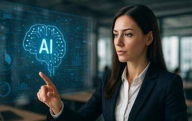 businesswoman pressing virtua AIl button