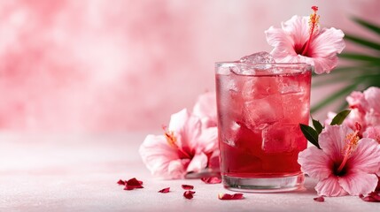 A vibrant red hibiscus drink is elegantly presented in a glass surrounded by pink flowers, capturing a sense of tropical refreshment and summer enjoyment.