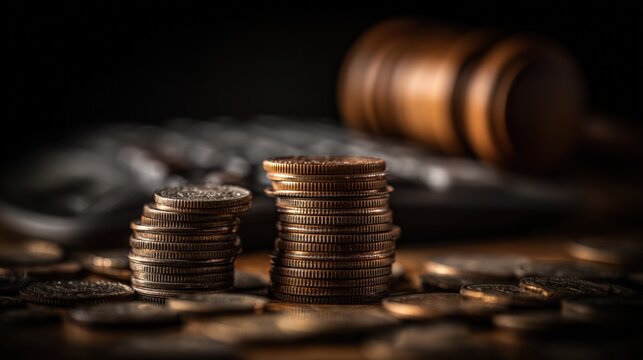 Financial Law and Justice: Coins, Calculator and Gavel Representing Legal Monetary Matters