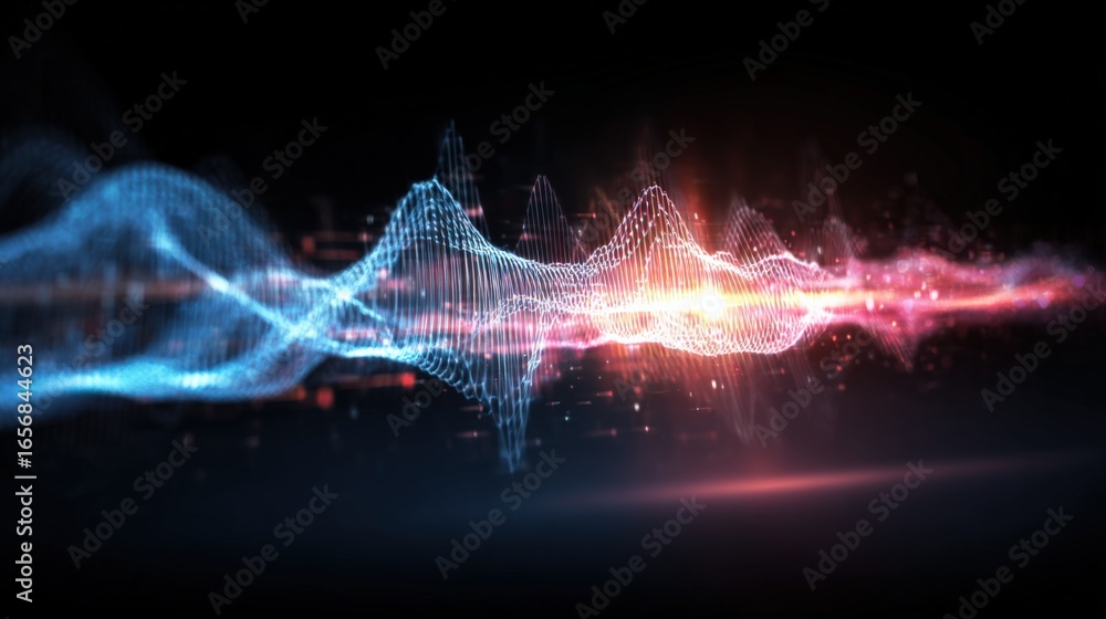 Poster abstract visualization of sound waves with dynamic blue and red light emission on dark background