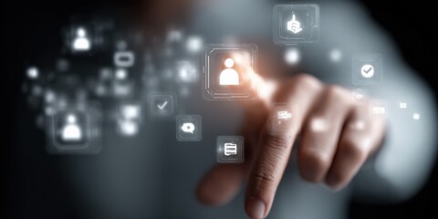 Person touching digital screen with human resources, data, and technology interface for business management