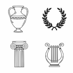 Ancient Greek symbols including vase, column, and lyre illustration  