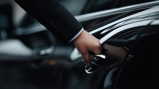 Professional man in suit opening car door ready for business travel or formal event