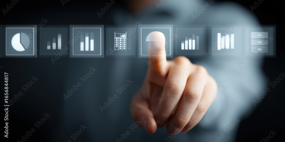 Poster man's hand touching digital interface with analytics charts, representing data driven decision makin