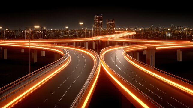 A complex highway overpass system at night, illuminated by streaks of orange light, showcasing urban cityscapes in the background.
