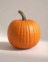 Studio Shot of a Ripe Orange Pumpkin with Green Stem Against a Neutral Background