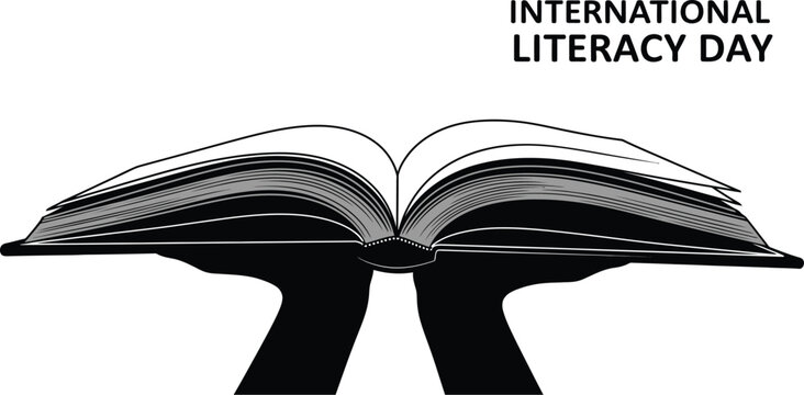 Illustration of hands holding an open book, symbolizing international literacy day promoting education and the power of reading - Powered by Adobe