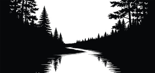 River Through a Forest Silhouette with Reflections on transparent background