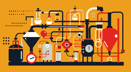 Vibrant Chemical Processing Plant Illustration With Pipes And Reactors