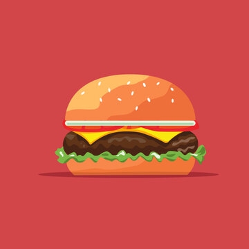 Stylized Flat Design Of Delicious Hamburger With Fresh Vegetables On Bright Pink Background