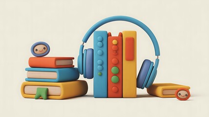 Audiobook Concept with Colorful Books and Headphones for Online Learning and Education depicting Modern Library resources and Digital Literacy for Young Learners