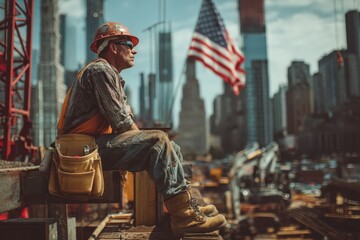 Construction worker in hard hat and safety gear takes a break on a high-rise site, American flag waving and city skyline beyond. Gritty Labor Day industry scene