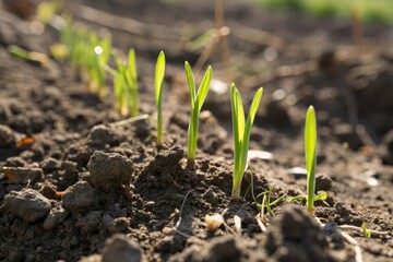 Nurturing growth closeup of soil with young green sprouts in a sunlit garden nature photography perspective