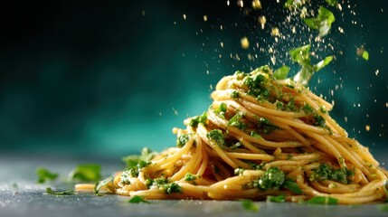A delightful serving of spaghetti topped with fresh pesto and greens, beautifully presented, showcasing the allure of Italian cuisine and a burst of flavor and freshness.