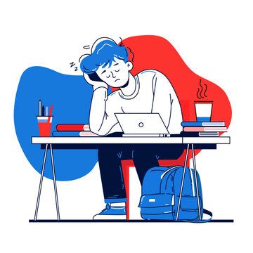 Young Person With Blue Hair Resting At Desk During Study Or Work Session With Abstract Red And Blue Shapes