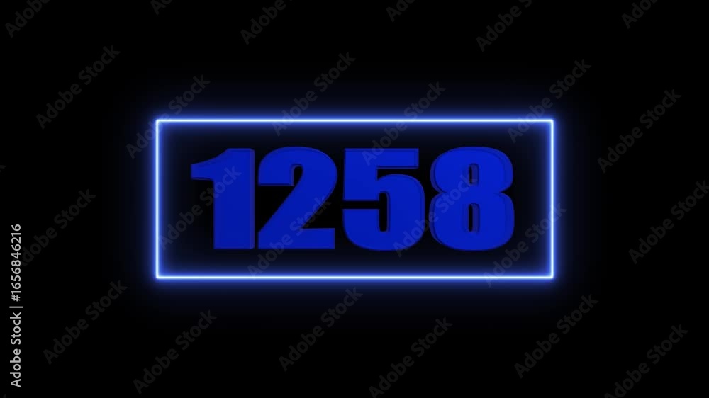 Aufkleber blue neon number 1258 in a rectangular frame against a black background. this 3d rendered number is 