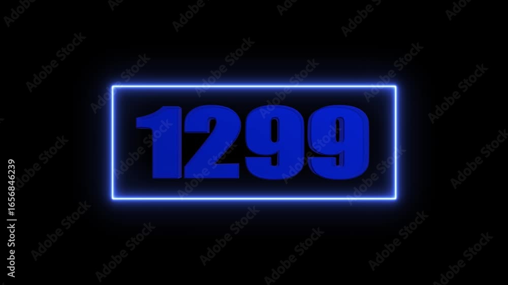 Poster blue neon number 1299 in a rectangular frame isolated on black background