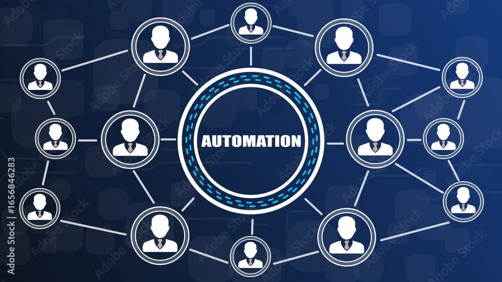 Aufkleber business automation network illustration showing interconnected employees linked to a central automa