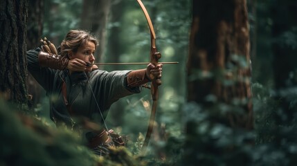 Female archer aiming a traditional bow in a lush forest, wearing leather bracers and cloak, focused mid‑draw. Natural light, shallow depth of field, outdoor sport scene