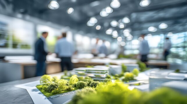 Modern design studio with architects discussing sustainable urban plan, blurred team in background, eco-friendly concept model in focus