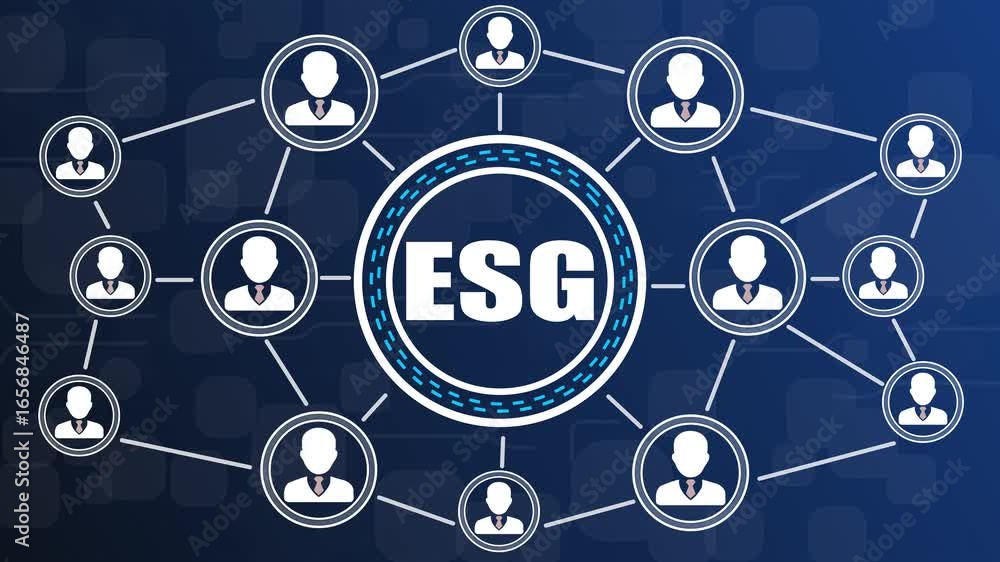 Poster esg network graphic showing interconnected business professionals in a circular pattern on a dark bl