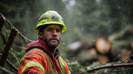 Rugged forestry worker in high‑visibility gear and hard hat stands in a rainy forest after logging. Tough outdoor job, safety equipment, sustainable timber work.