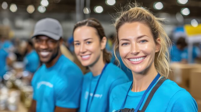 Diverse volunteers in blue shirts working together at donation center, smiling at camera. Team spirit, packing supplies, community service and philanthropy