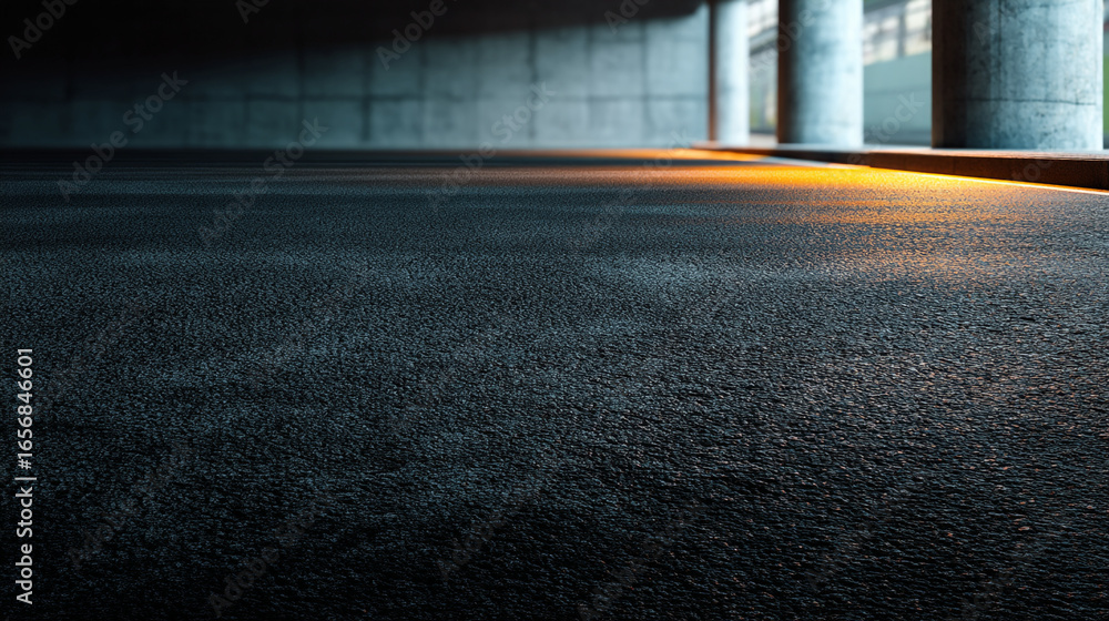 Poster asphalt surface under a bridge with concrete pillars and warm light creating a moody atmosphere