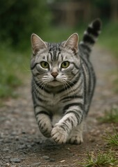 Confident cat striding outdoors path.