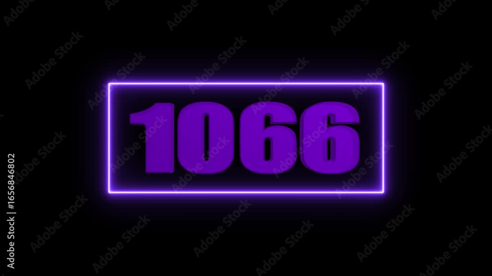 Poster purple 3d number 1066 in a neon rectangular frame isolated on black background ideal for digital des