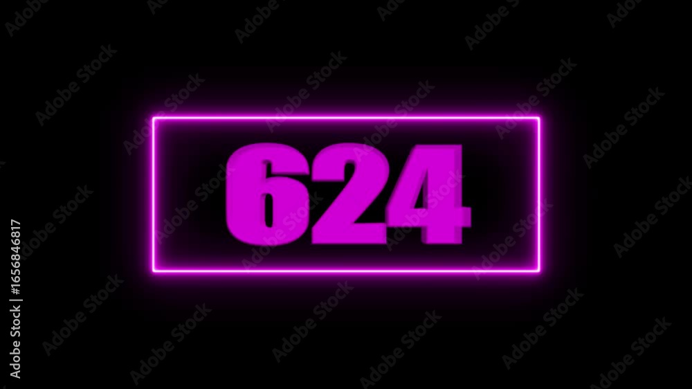 Poster purple 624 neon number in a glowing frame on black background ideal for digital design projects and 