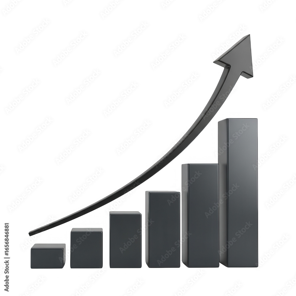 Poster 3d gray bar chart with upward trend arrow isolated on transparent background
