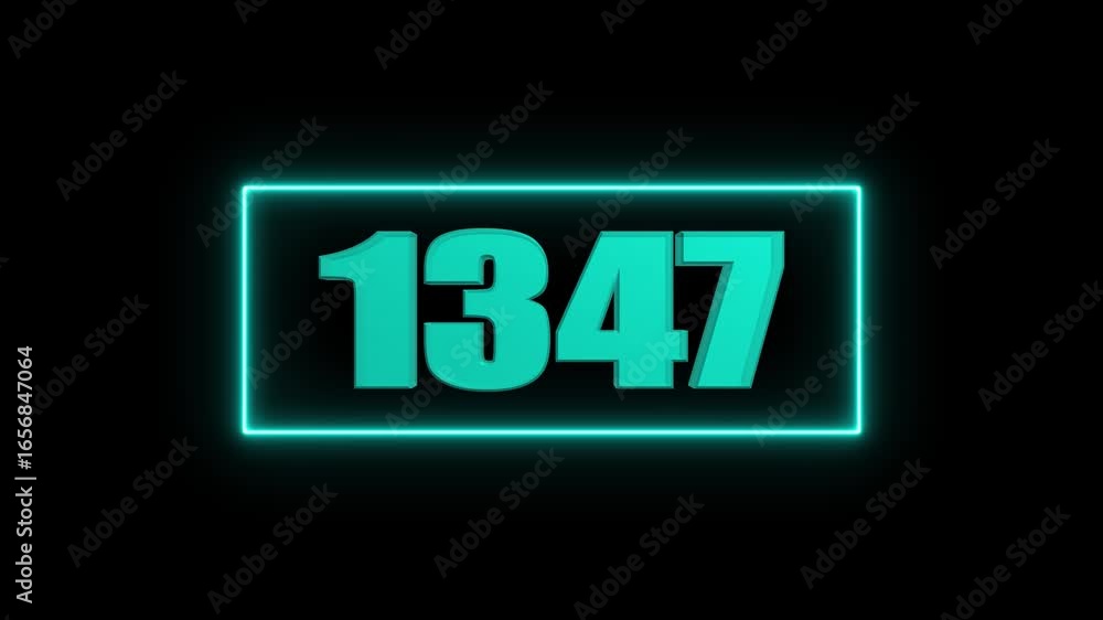 Poster teal 3d number 1347 in a neon green frame on a black background ideal for digital projects and prese
