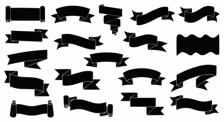 Ribbon silhouette icons set. Decorative tape and banner symbols isolated on white background