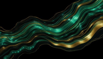 Flowing emerald green and gold abstract waves on black