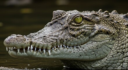 Close-up of a crocodile's head, showcasing its textured skin, sharp teeth, and piercing yellow eyes, partially submerged in dark water.