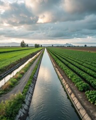 Obraz premium Enhancing vegetable growth long narrow irrigation canal techniques in agricultural fields for optimal crop yield