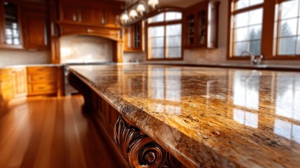 A stunning kitchen interior showcasing a polished granite countertop that reflects natural light, highlighting elegance and luxury in modern design.