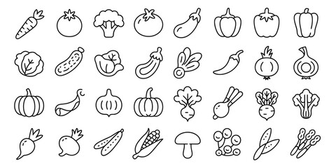 Collection of Black and White Line Art Vegetable Icons