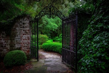 Obraz premium Ornate Iron Gate Leading to a Lush Green Garden with Topiary and Stone Pathway