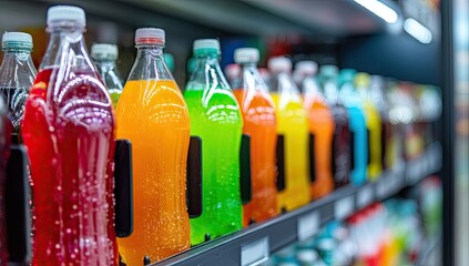 Row of colorful soda bottles