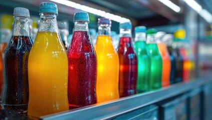 Colorful bottles of soda on a display shelf