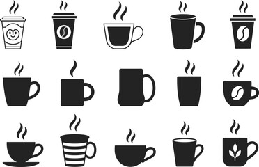 Coffee cup icons collection, hot drink silhouette vector set, tea mug symbols, steaming beverage graphic design, espresso latte cappuccino artwork for cafe branding