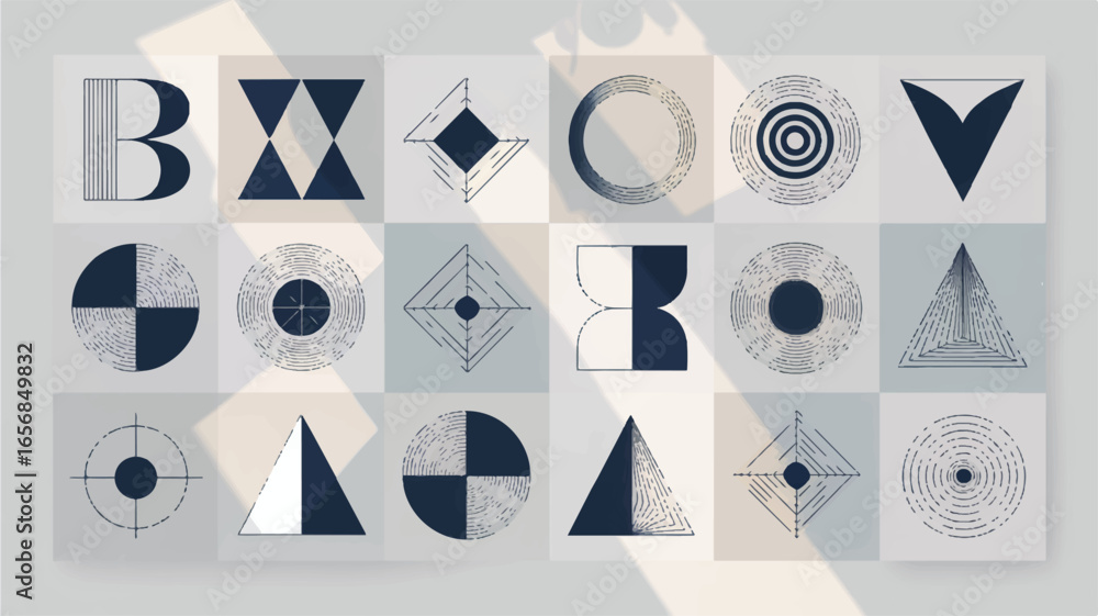 Poster digital illustration of abstract geometric patterns. a modern grid showcasing diverse shapes, textur