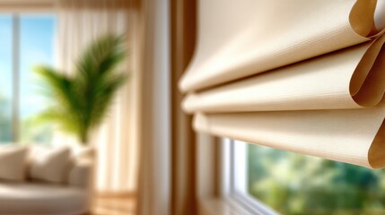 This image captures soft fabric blinds elegantly framing a bright window with natural light pouring in, creating a serene and inviting atmosphere in a cozy living space.